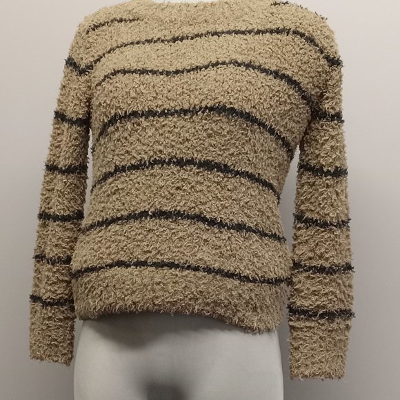 VINCE Cropped Sweater cotton linen crew neck gold brown teddy stripe EUC sz XS - Picture 1 of 5